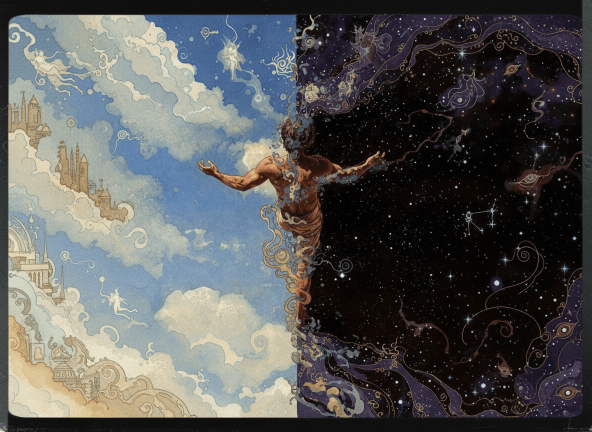 Um homem em um mundo fantasioso, como um sonho, onde tem que decidir para onde irá cair.